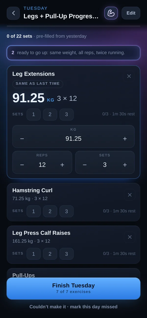 Log every set in a couple of taps